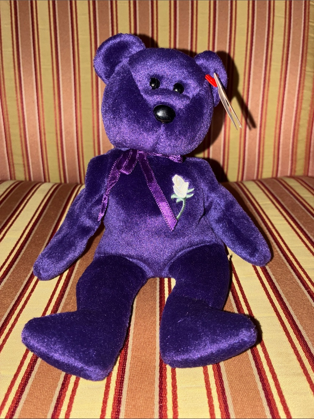 TY “Princess” Purple Velvet Teddy Bear w/ Embroidered Rose Princess Dianna 1997